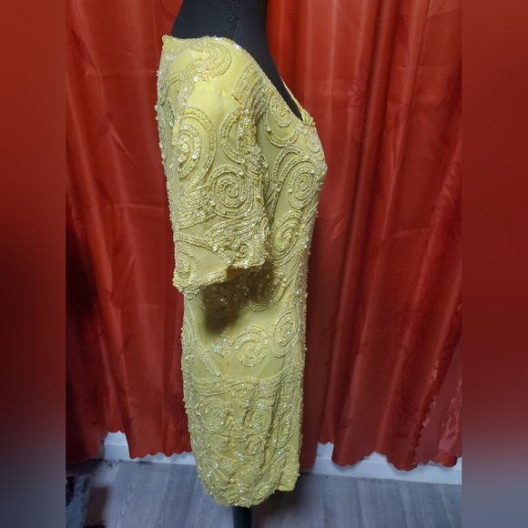 Vintage 80s Yellow Silk Beaded Sequin Sheath Cocktail Midi Dress sz M/L - Picture 4 of 9